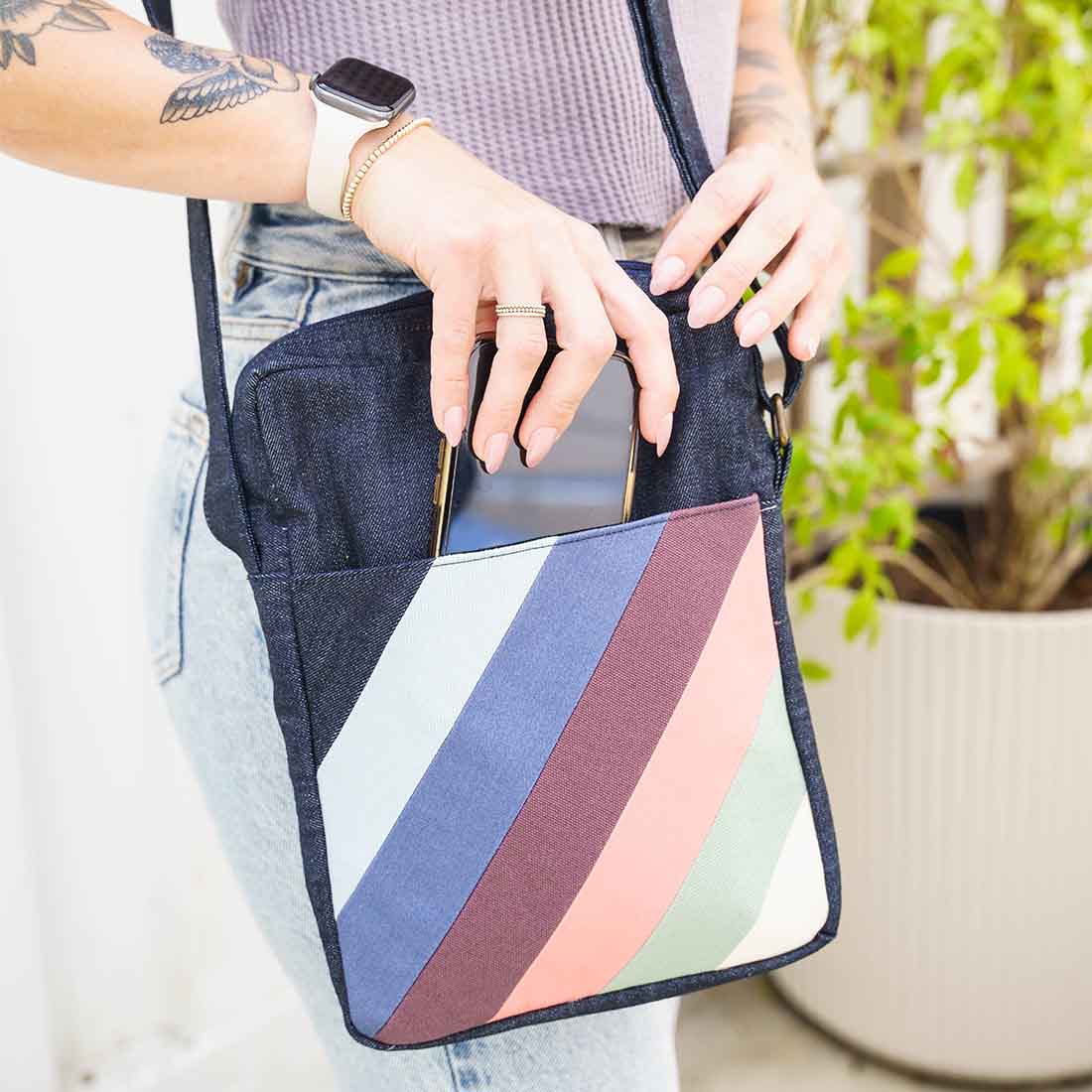 Deep Pocket Denim Crossbody - Stylish Stripes
