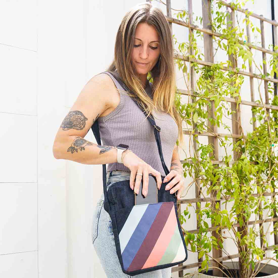 Deep Pocket Denim Crossbody - Stylish Stripes