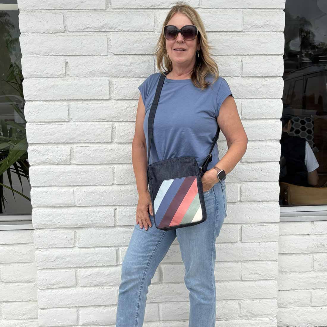 Deep Pocket Denim Crossbody - Stylish Stripes